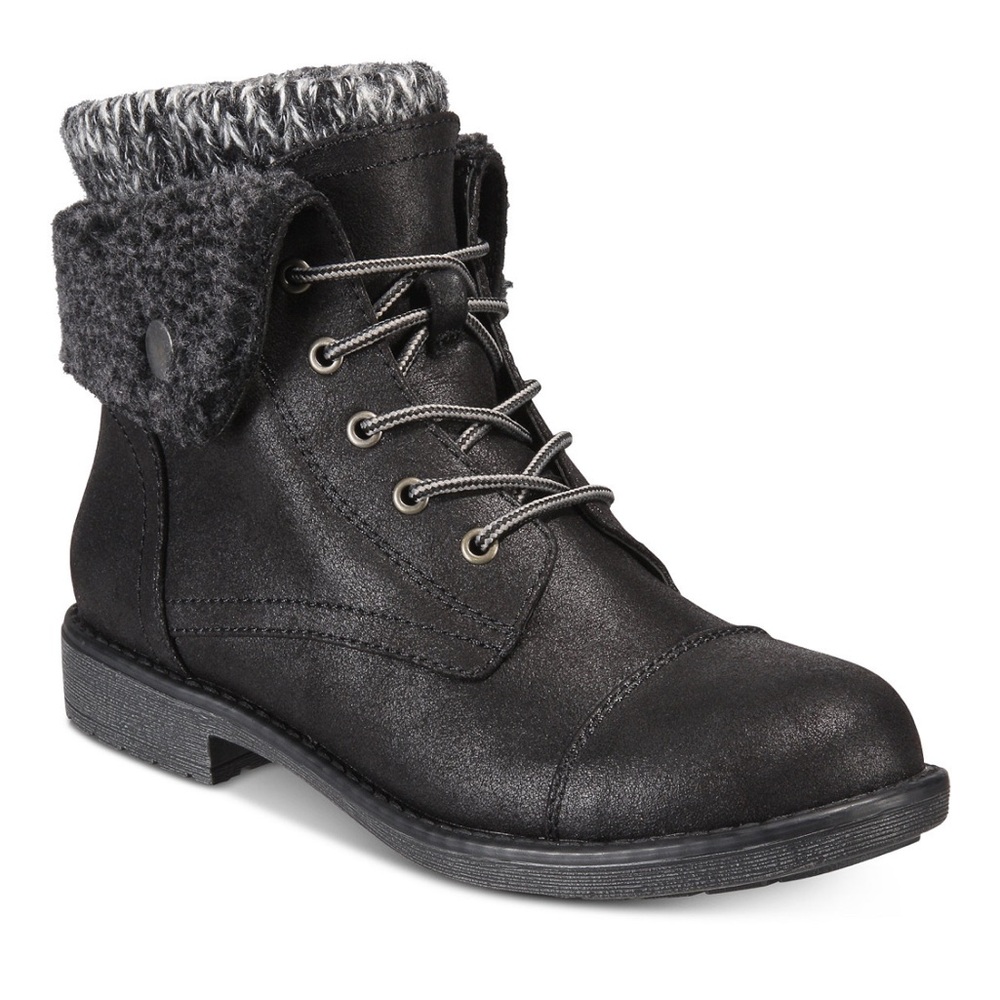 NEW Cliffs by White Mountain Black Sherpa Knit Trim‎ Lace Up Ankle Boots Womens